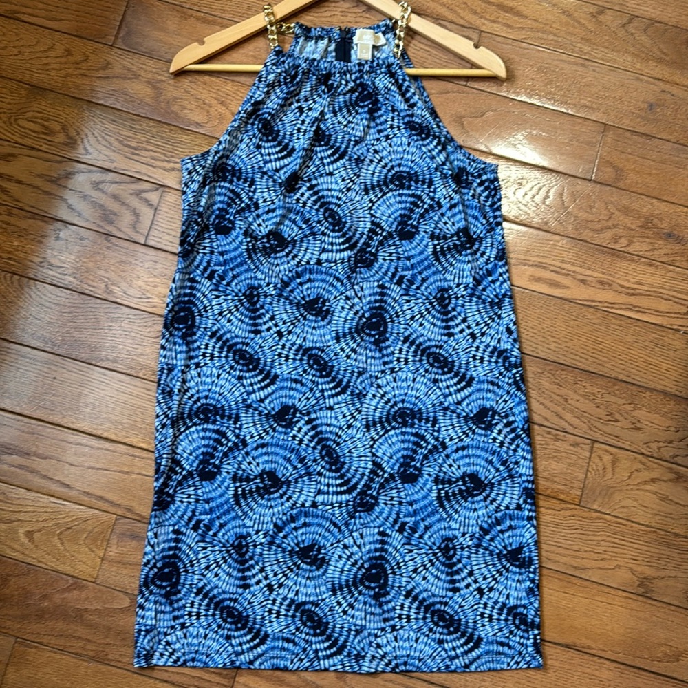 Michael Kors Chain Neck Blue & White Patterned Halter Dress